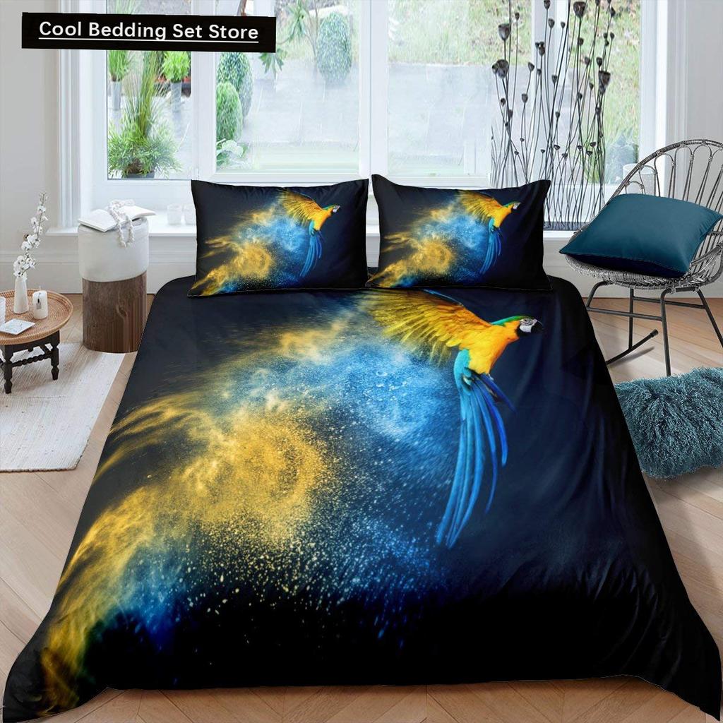 Parrot King Queen Duvet Cover Colourful Feather Bedding Set Rain Trees Bird Quilt Cover Sunset Mountain Natural Comforter Cover