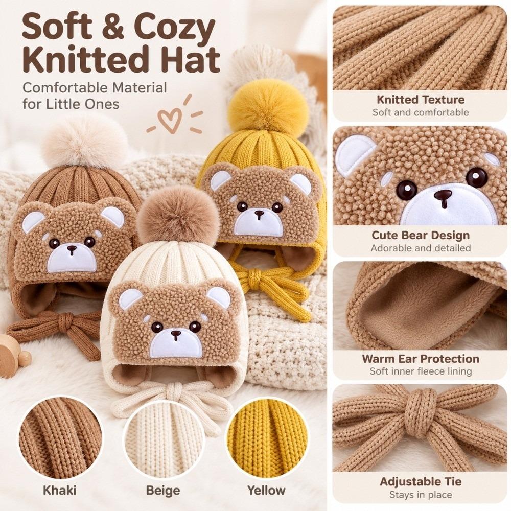Windproof Kids Pom Pom Beanie Fleece Lined Winter Earflap Cap Cute Baby Knitted Hat Winter