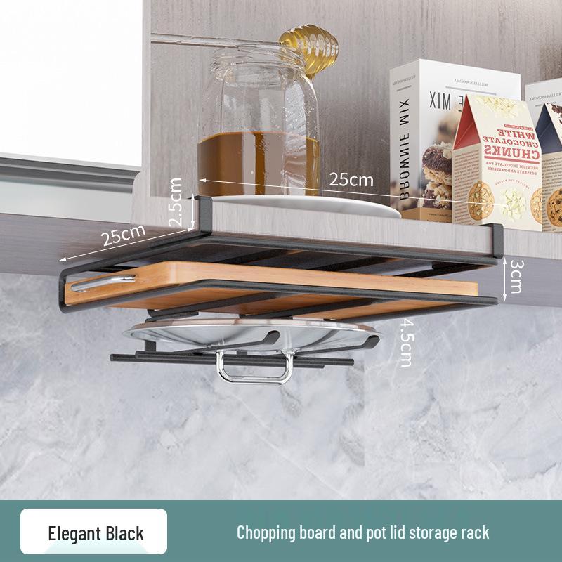 Multifunctional Under-Cabinet Storage Rack with Hooks for Pot Lids and Cutting Boards