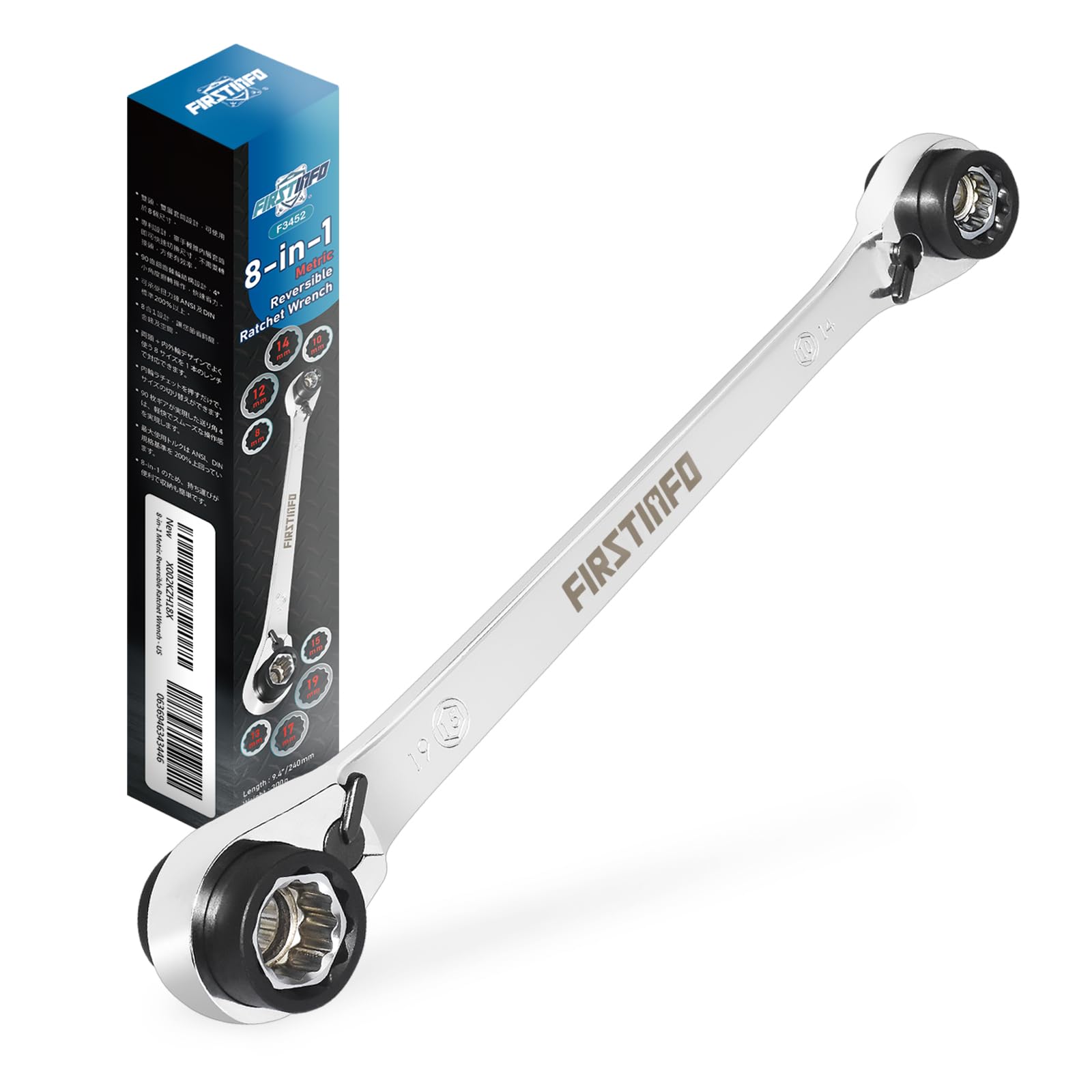 

Ryosho FIRSTINFO TOOLS Ratchet Compatible with 8 Sizes 8-in-1 Wrench, 8/10/12/13/14/15/17/19mm, 12-Point, CR-V Steel,