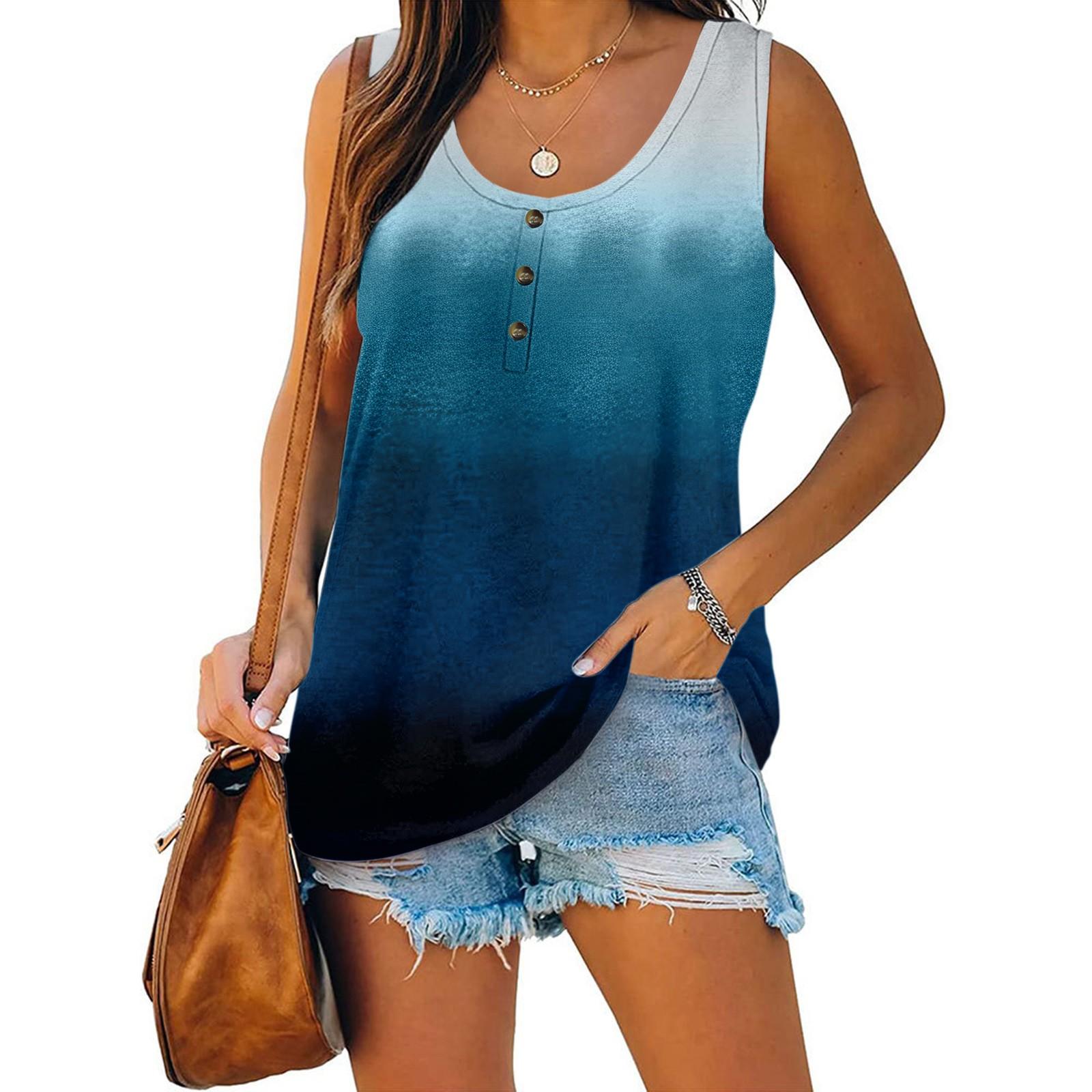 Женская летняя повседневная футболка без рукавов с градиентом и цветочным принтом — фото 4