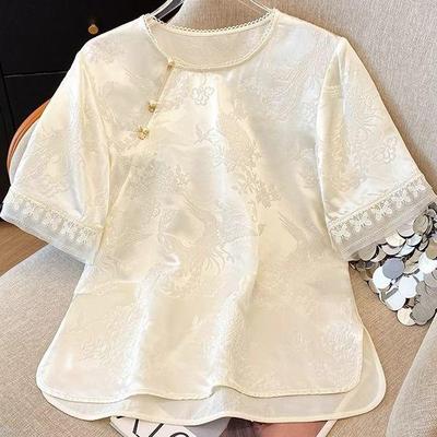 Sommer neues kurzärmeliges besticktes Temperament Top 2025 kleine Bluse Satin Premium Jacquardhemd Damen