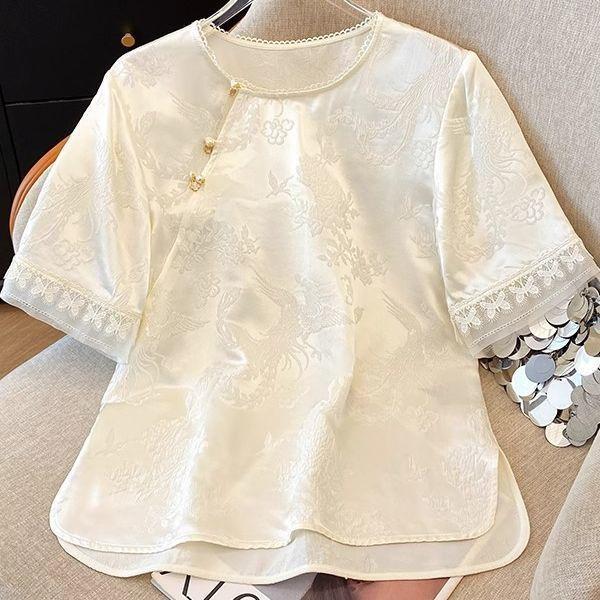 Premium Versatile Shirt Summer Short Sleeve Embroidered Temperament Top 2025 Top Satin
