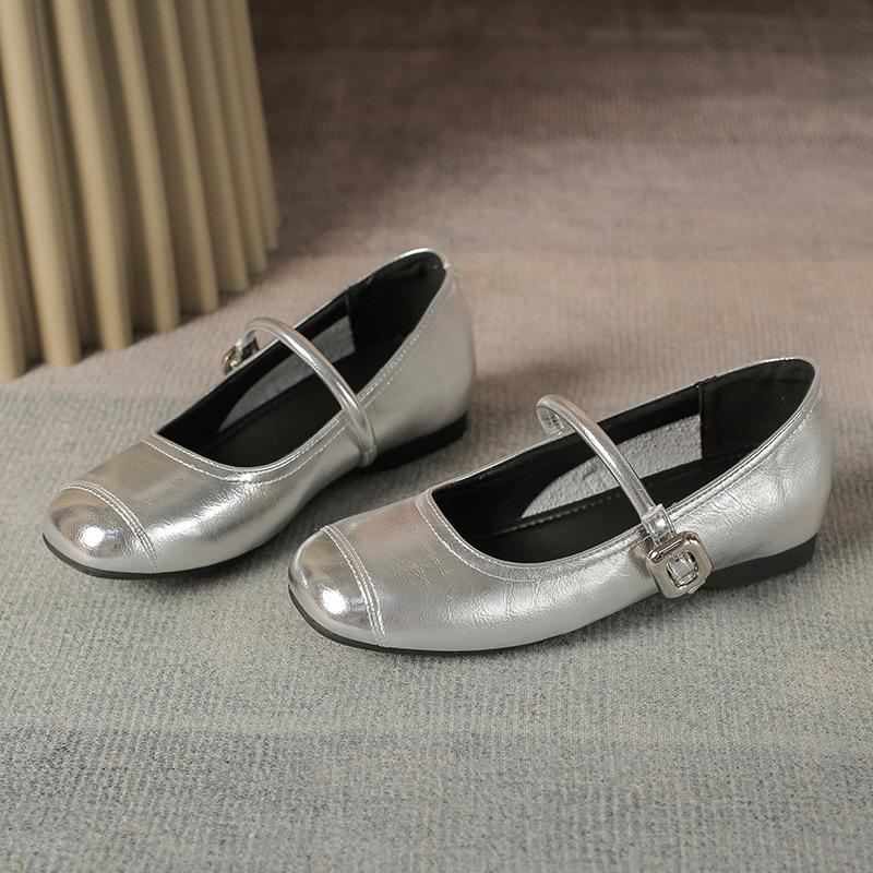 

3 см увеличение внутренней высоты мягкая кожа квадратная пряжка балетки на плоской подошве женские серебристые туфли Мэри Джейн женские 40 серебряный