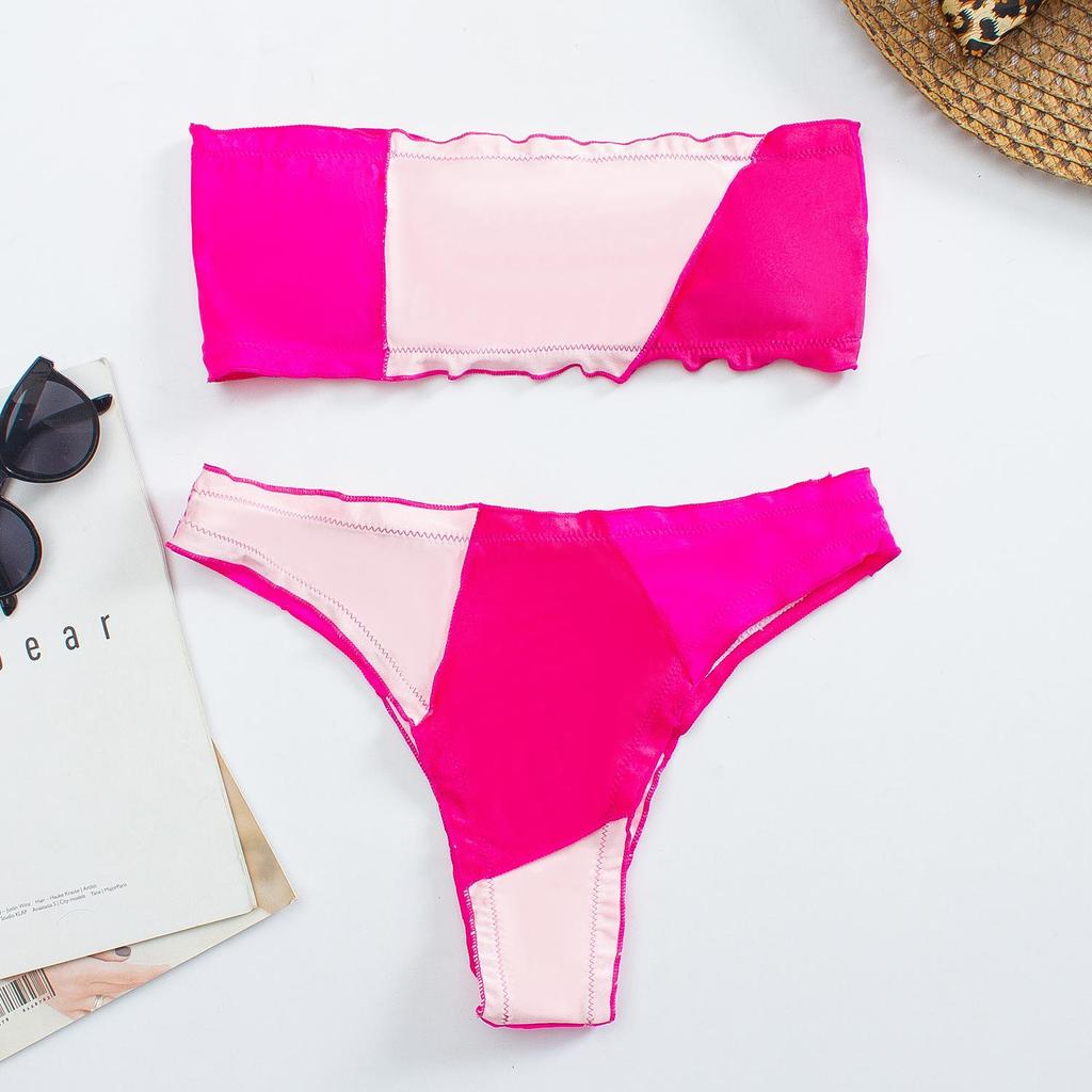 Dam axelbandslös Patchwork Tvådelad Bikini Set Split Triangle Baddräkt Badkläder