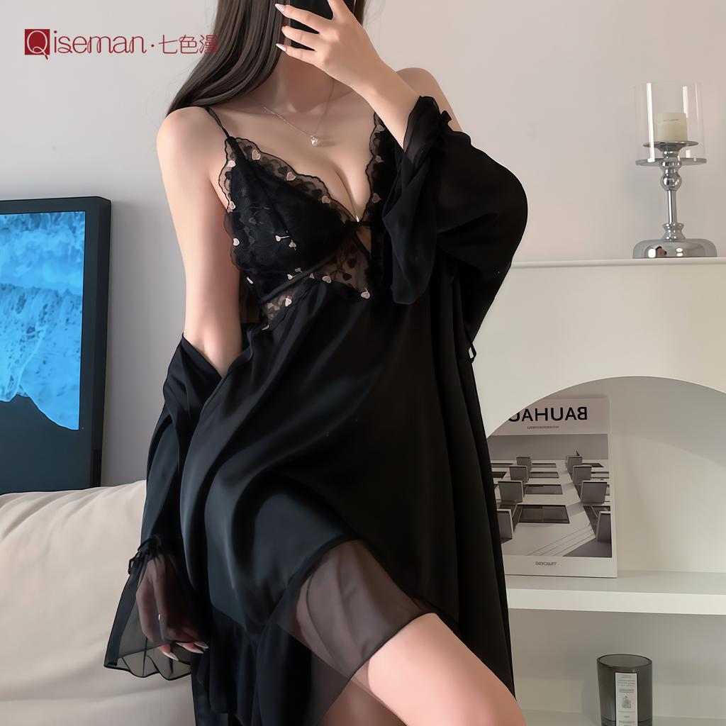 Sexy with chest pad, suspender, ice silk nightdress, female Xia Chun wants the wind, high-end lace, female pajamas, thin loungewear