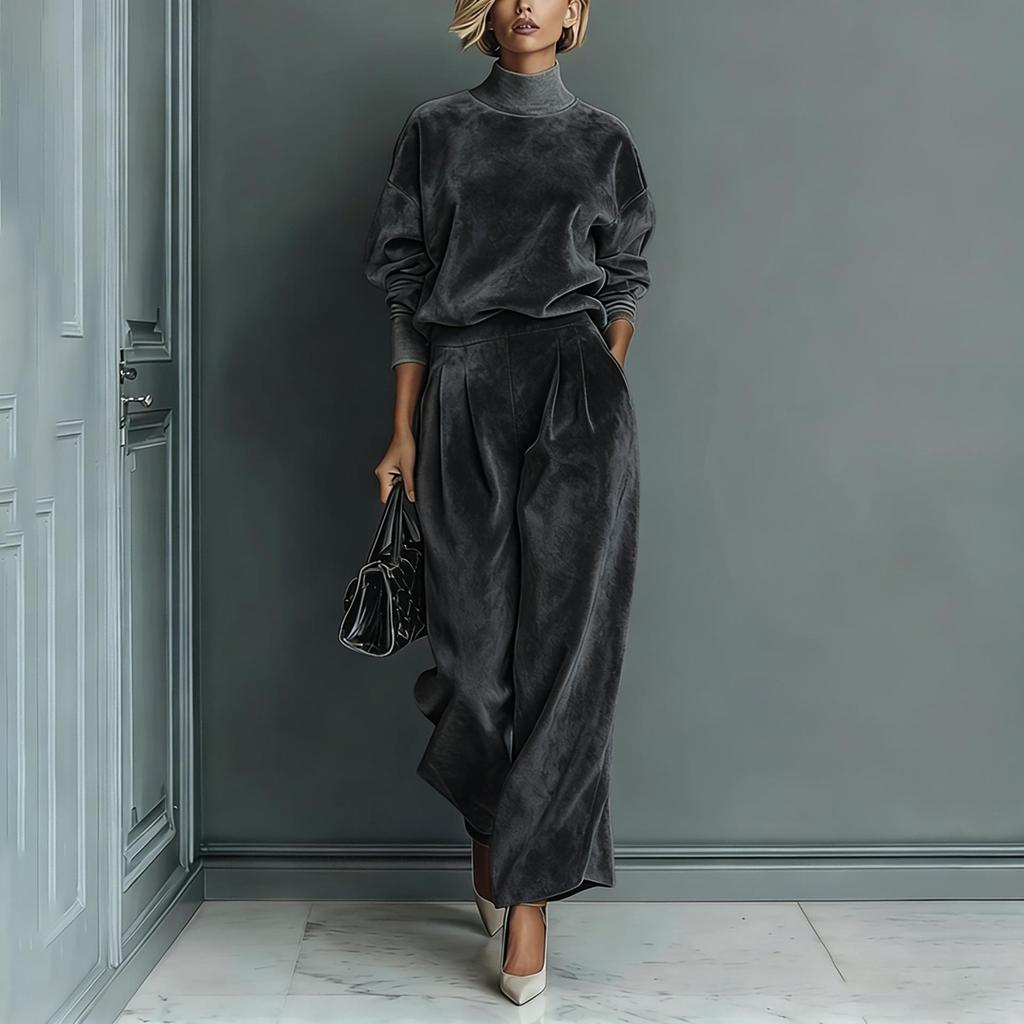 2025 Autumn/Winter Women's High-End Fashion Knit Two-Piece Set: Long Sleeve Top & Wide-Leg Pants