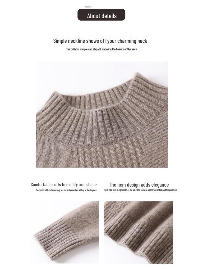 Women's 100% Wool Thick Knit Half-High Collar Winter Sweater for Middle-Aged and Elderly