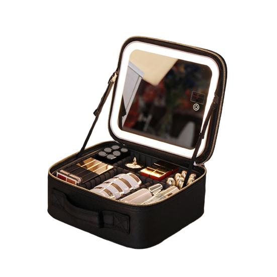 

Косметичка с LED-зеркалом, дорожный органайзер для косметики с регулируемыми разделителями, перезаряжаемый через USB, светящийся кейс для макияжа с 3 цветами подсветки чёрный