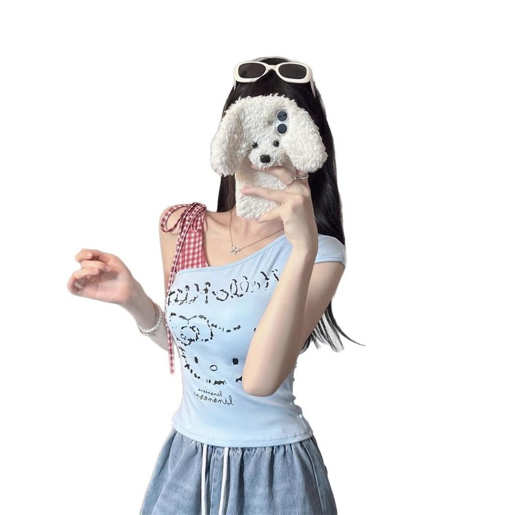 Hello Kitty T Shirt With Cartoon Print And Tie Detail For Summer Casual Wear