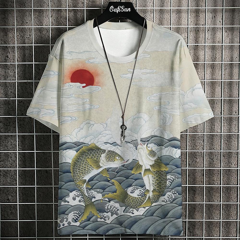 Retro Japanese Ukiyo-e Style Summer 3D Oversized Men's T-shirt Loose and Comfortable Breathable, Suitable for Daily Wear
