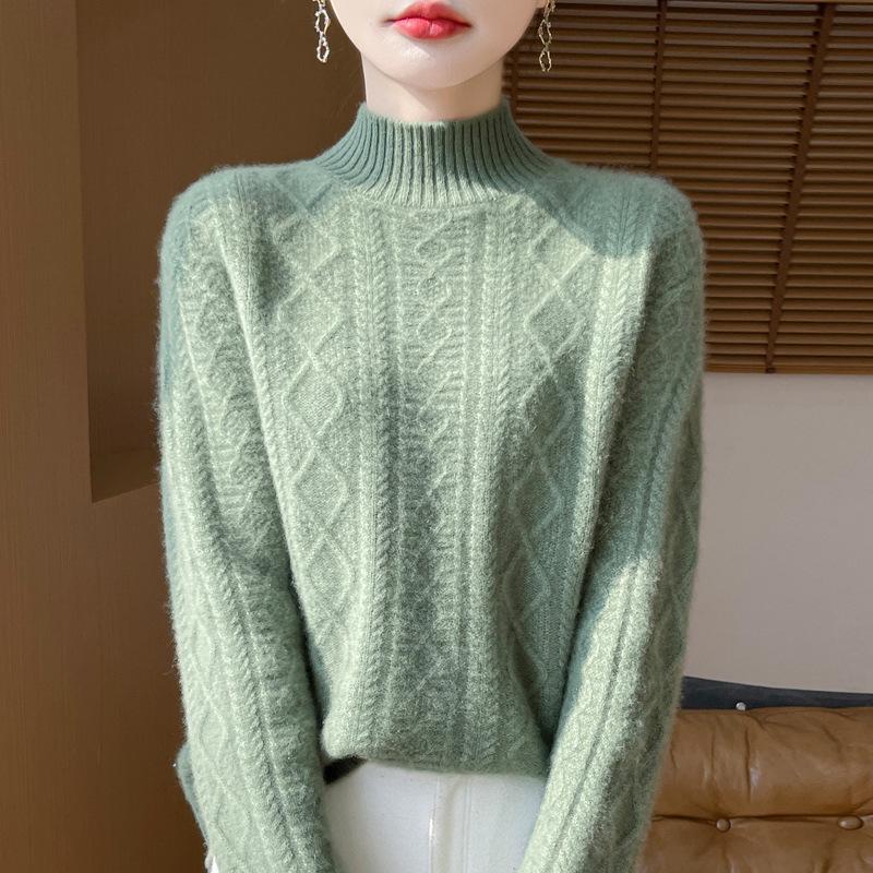 Women's High-Neck Diamond Pattern Knit Pullover Sweater, 2024 Autumn/Winter, Loose Fit, Thickened Short Base Layer