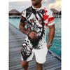 Mens Summer TwoPiece Set Animal Lion 3D Print Crew Neck Short Sleeve T-Shirt & Drawstring Shorts Outdoor