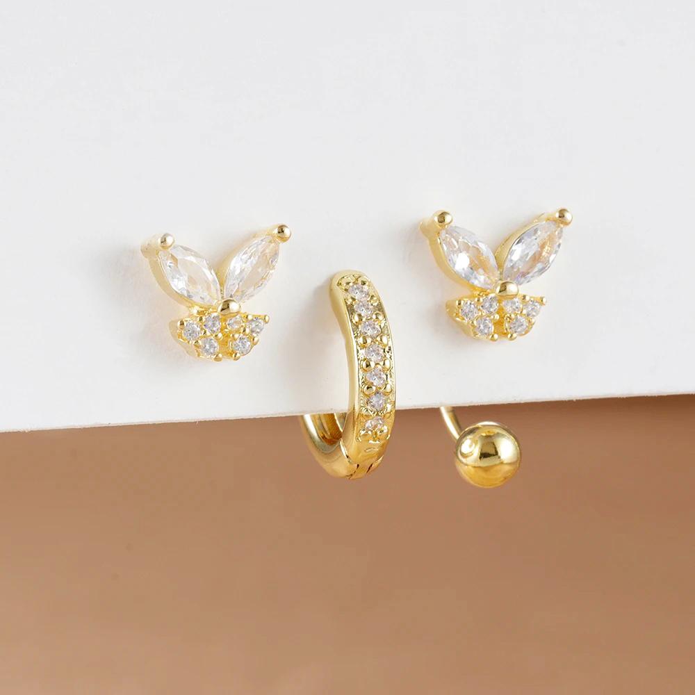 3PCS Luxury Stainless Steel Butterfly Small Hoop Earrings Set For Women Trendy Zircon Stud Women's Earring  Fashion Jewelry
