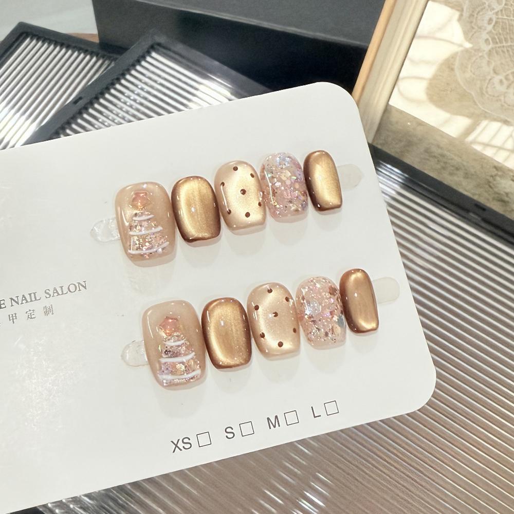 10Pcs Cute Cat Eye Short Press On Nails Christmas Snowman Bow Snowflake Cherry Apple Full Cover Fake Nails Gift