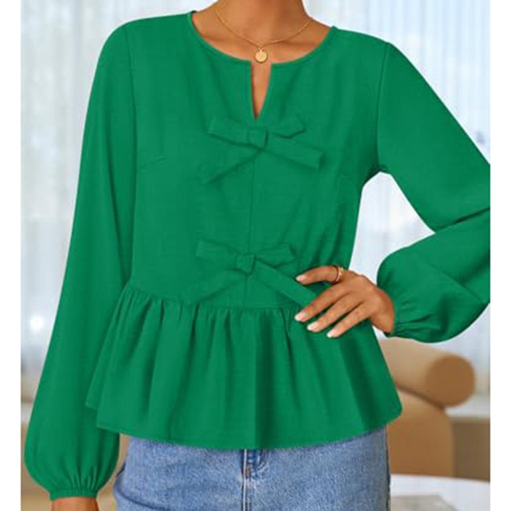 Women's T-shirt Solid Color V-neck Long Sleeved Tied Bow Top
