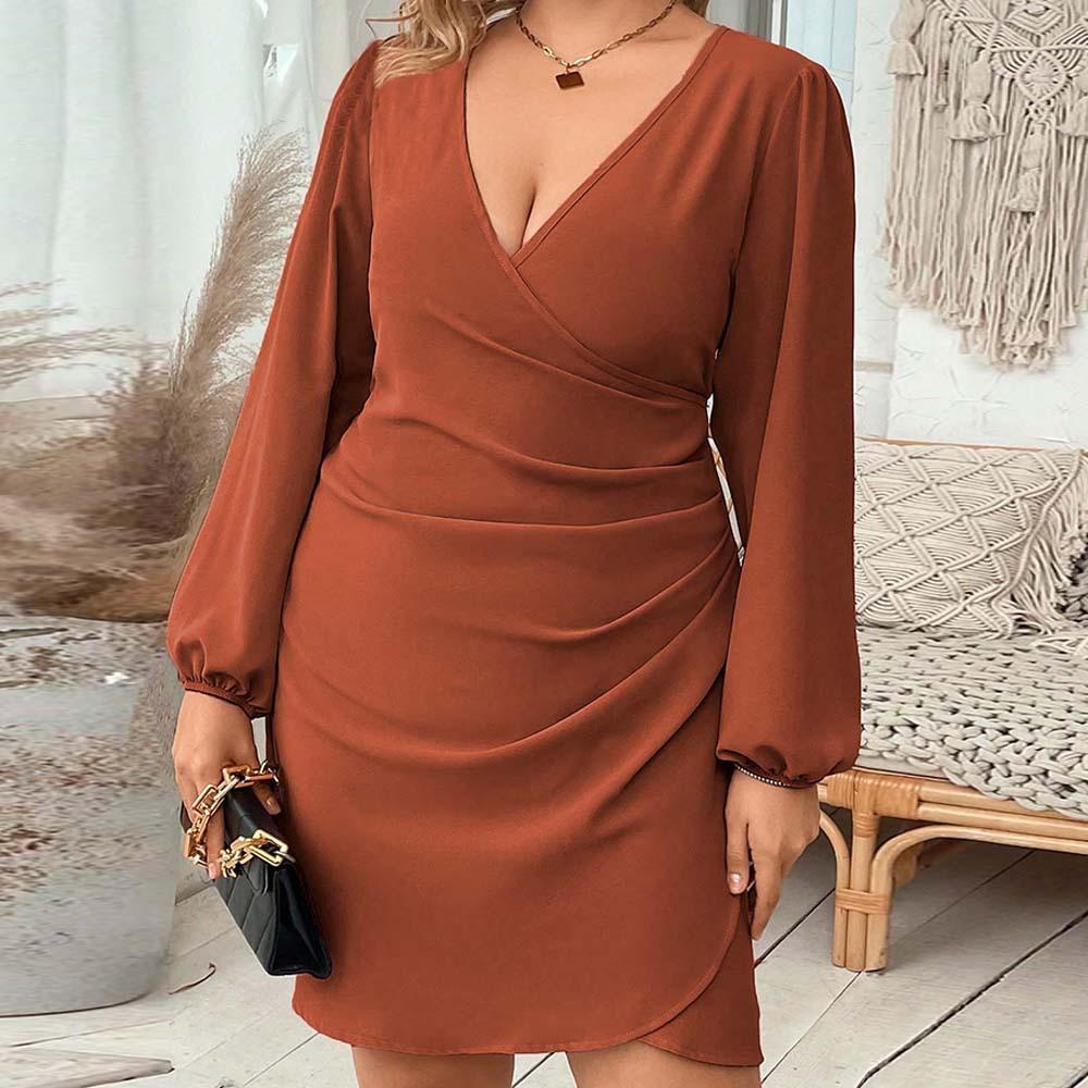 Plus Size Women French Elegant High Waist V Neck Long Sleeve A Line Short Dress 1XL