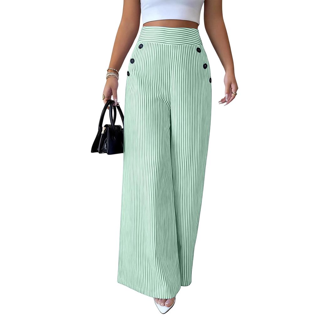 Flowy Pants for Women Casual High Waisted Wide Leg Palazzo Pants Long Trousers with Buttons and Pockets Plus Size
