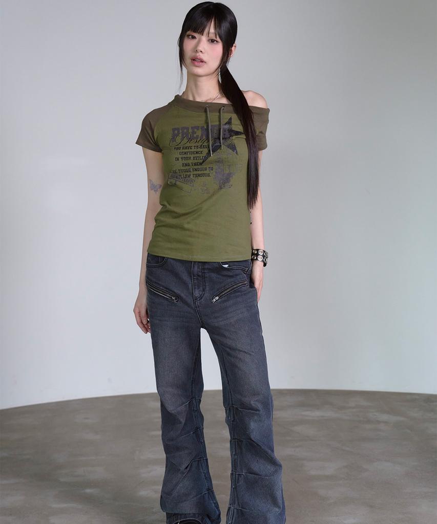 PRENDA String Off Shoulder Short Sleeve Khaki