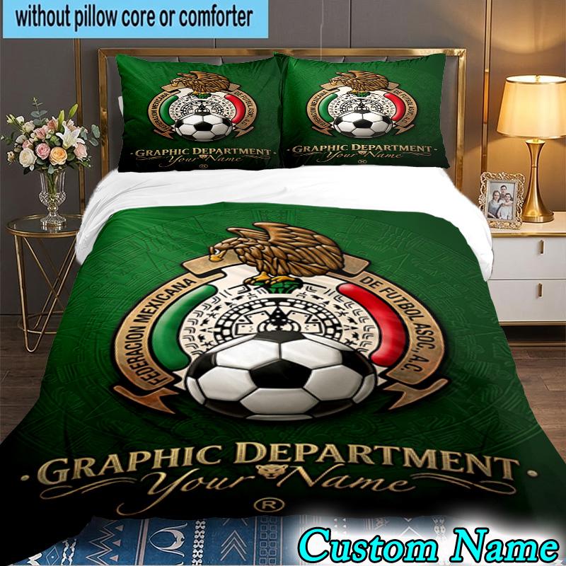 Custom Name Mexico Football Emblem 3PCS Bedding Set For Bedroom Dormitory,Including 1pc Duvet Cover And 2pcs Pillowcases Large size Fan gift