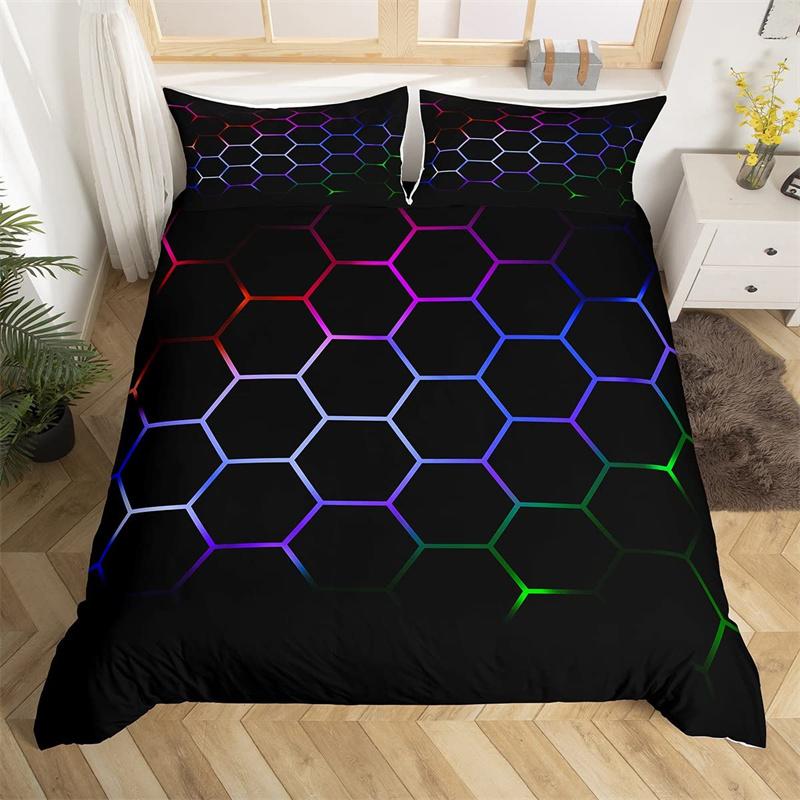 Boys Cartoon Honeycomb Duvet Cover Geometry Hexagon Bedding Set Twin King Polyester Colorful Grid Art Neon Decor Comforter Cover