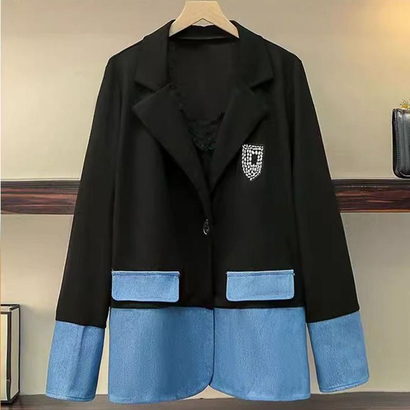 

Ковбойский сращивающийся блейзер женский повседневный свободный лоскутный джинсовый большой размер пальто поло воротник длинный рукав куртка новая мода осень 3XL чёрный