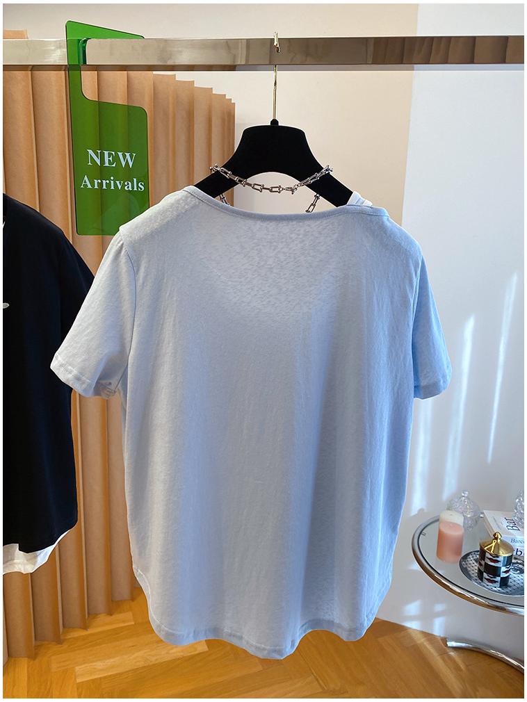 Plus Size Korean Snowflake Cotton Two-Piece Look T-Shirt, Women's Short Sleeve, Loose Casual Top (2026)