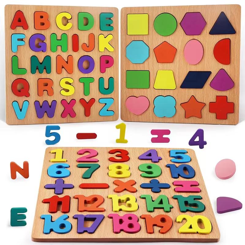Puzzles de Madera Montessori Tableros de Agarre Manual Número Alfabeto Forma Animales Emparejamiento Bebé Rompecabezas de Madera Juegos Juguetes para Niños de 1 a 2 Años