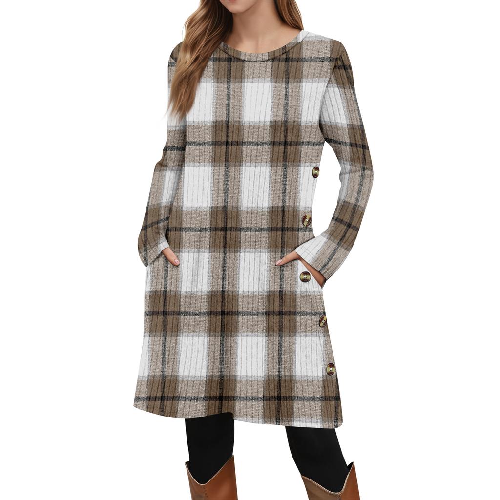 Women's Fashion Casual Long SleeveTunic Dress With Pockets Side Button Dress