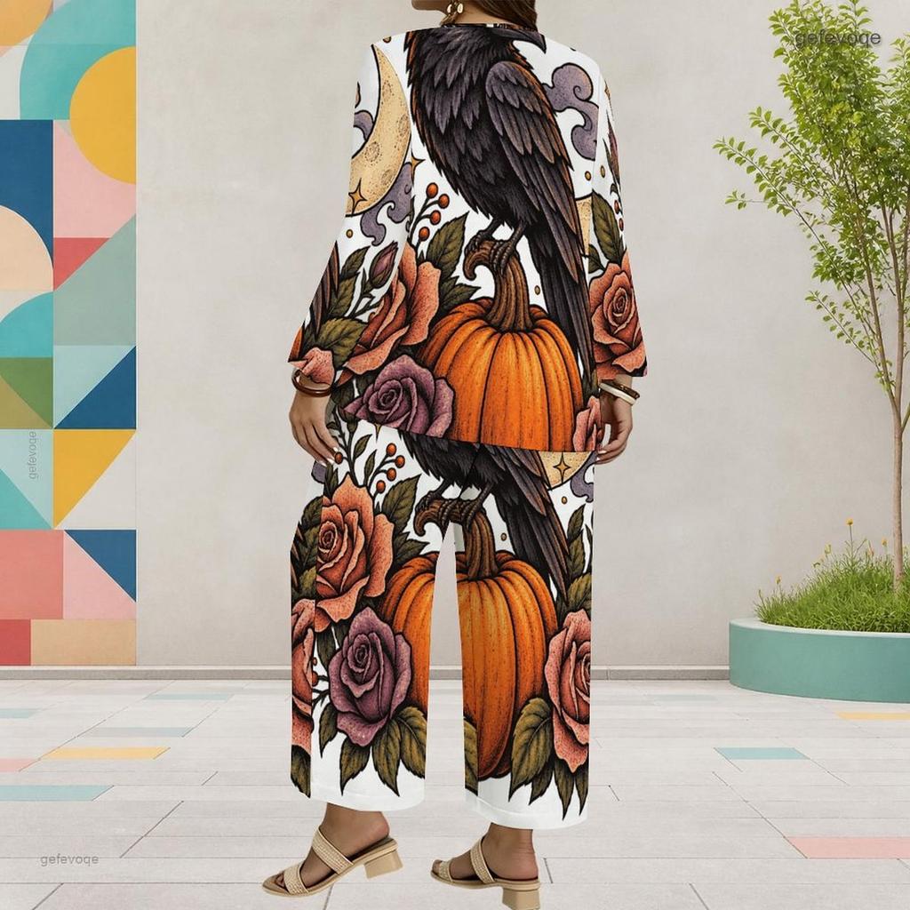 Women Plus Size Round Neck Long Sleeve Cartoon Ghost Printed Layered Top Wide Leg Cropped Pants Two Piece Set