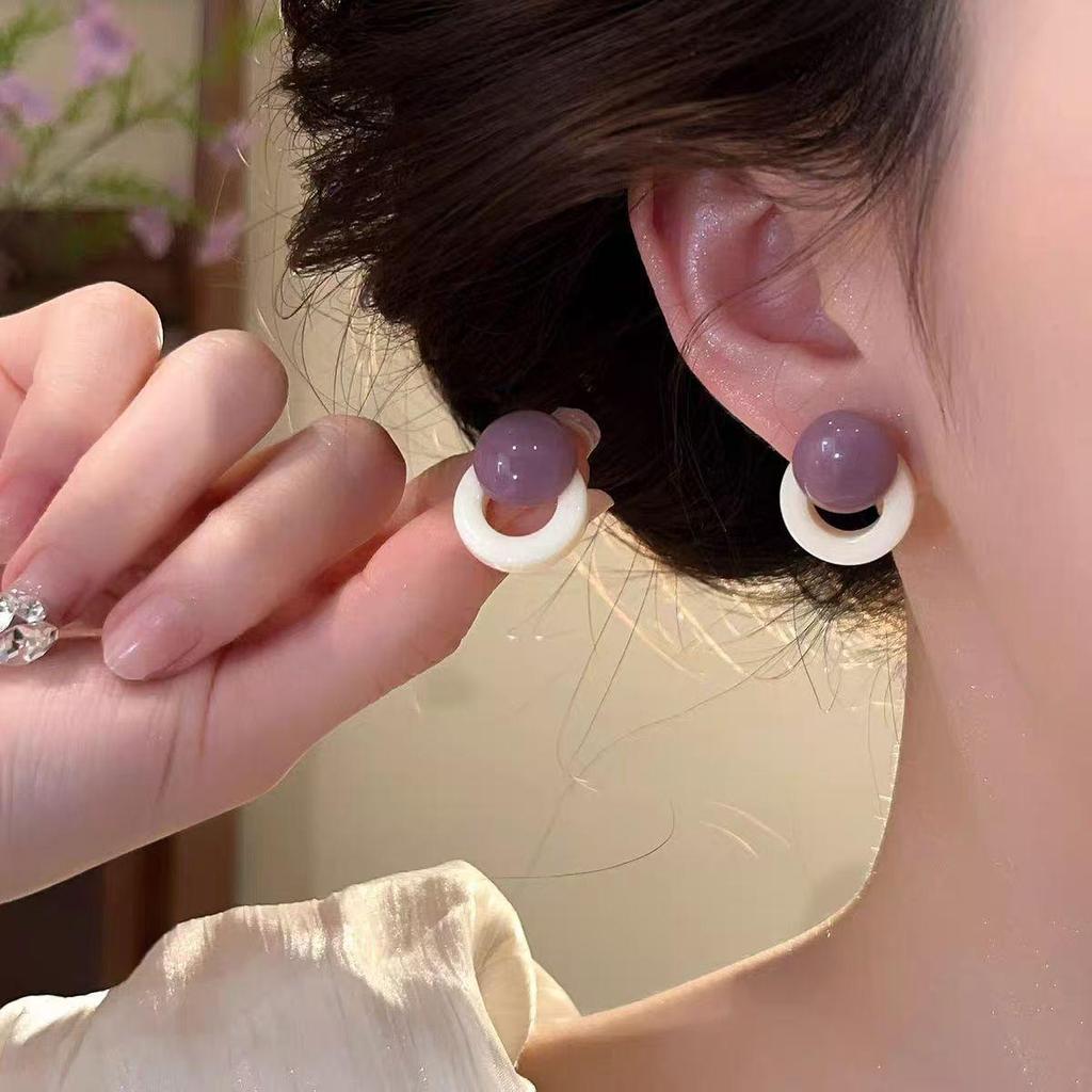 Korean Style Geometric Resin Color Block Stud Earrings - Women's Light Luxury Round Hoops Jewelry