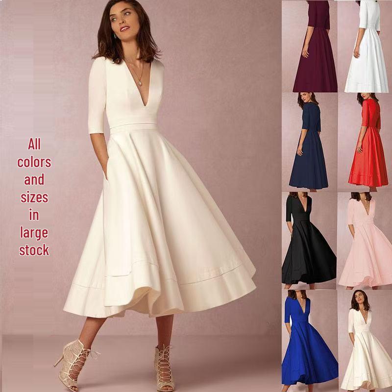 Summer European & American Style Women's Sexy Deep V Short Sleeve Dress - High-End Fashion