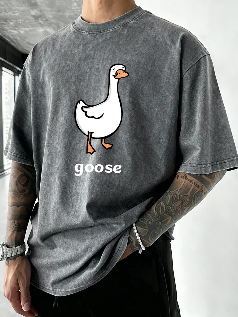 Goose Makes People Happy Print Men Washed TShirt Summer Casual T Shirts Vacation Soft Short Sleeves Loose Hip Hop Streetwear