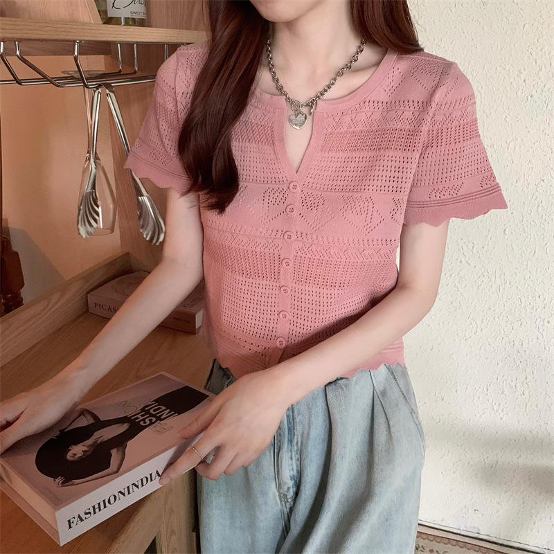

Летний новый женский маленький свежий V-образный вырез с заниженной талией, короткий вырез, ажурный короткий рукав, трикотажный кардиган, футболка, топы, повседневные основные облегающие пуловеры, футболки One Size розовый