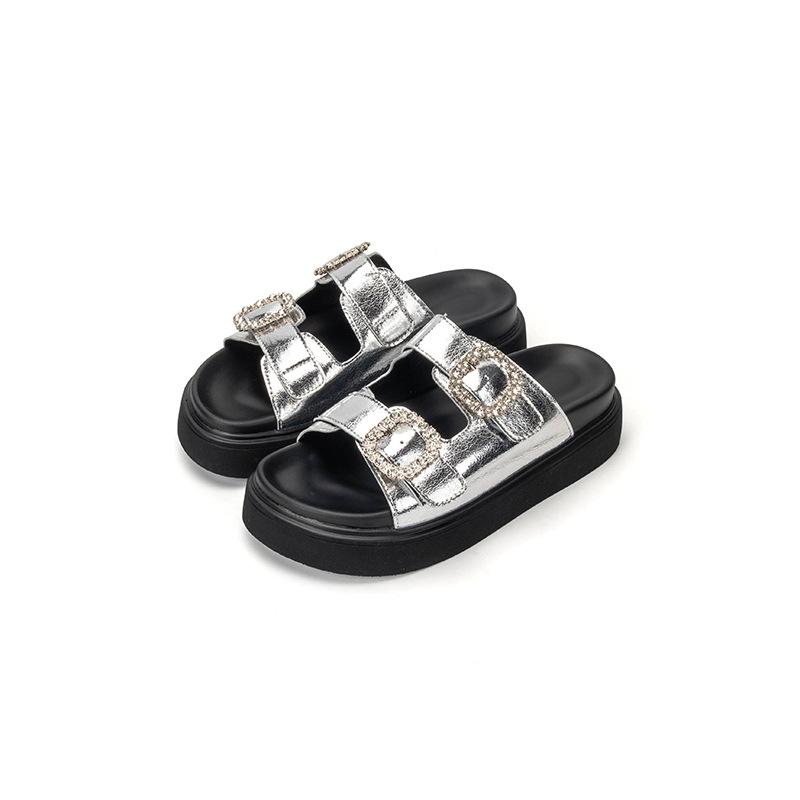 Thick-soled One-word with Rhinestone Square Buckle Outside Slippers Women's Summer New Fashion Casual Muffin Bottom Beach Sandals Women