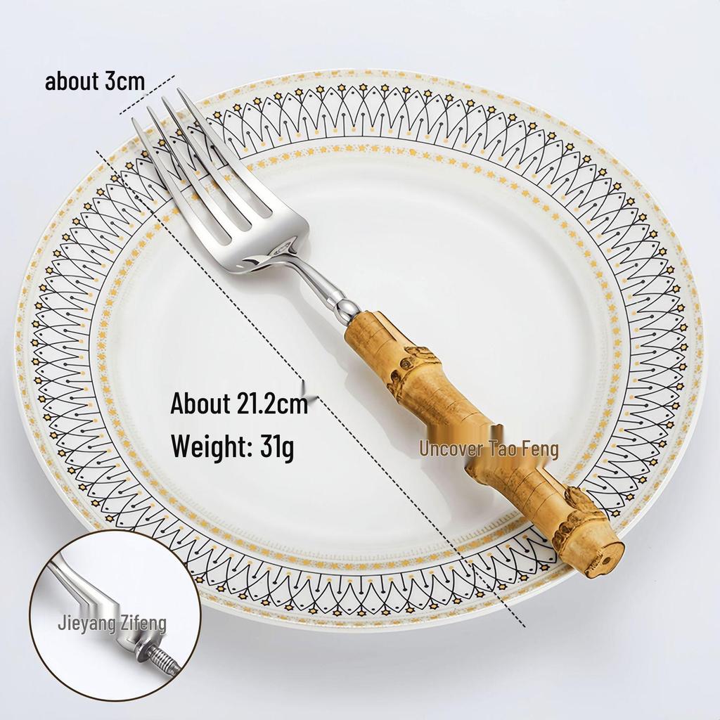 304 Stainless Steel Bamboo-Handled Knife Fork Spoon Set for Hotel Tableware and Western Food, Thickened Dessert Spoon and Steak Knife Fork.