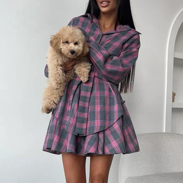 Completo Gonna a Quadri da Donna 2025: Set Camicia con Revers Casual e Gonna Pieghettata con Laccio