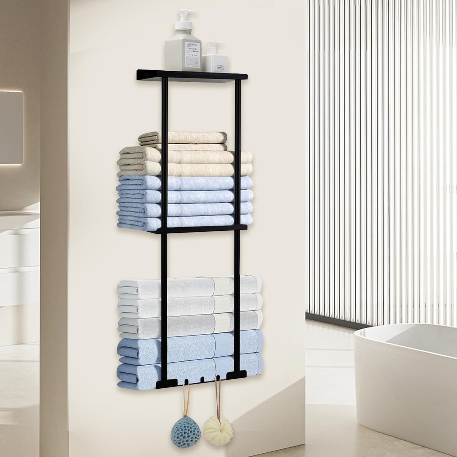 Настенный держатель для полотенец, 3-ярусный держатель для полотенец, Держатель для банных полотенец, Хранение полотенец, Хранение полотенец в ванной, Черный