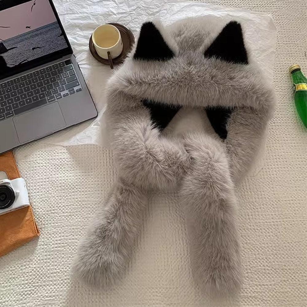 

Ear Protection Windproof Cap Scarf Warm Beanie Fake Fur Long Scarf Cap Cold Weather сірий