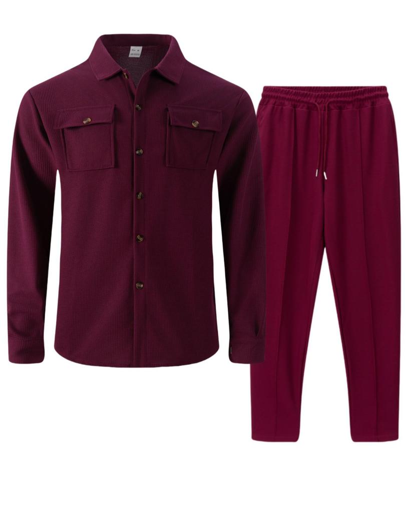 Autumn Waffle Two-Piece Set: Long Sleeve Cardigan & Pants with Double Pocket Design