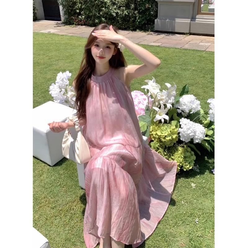 French beautiful neck dress women's summer medium and long dress small pink unique sleeveless seaside tie-dye skirt