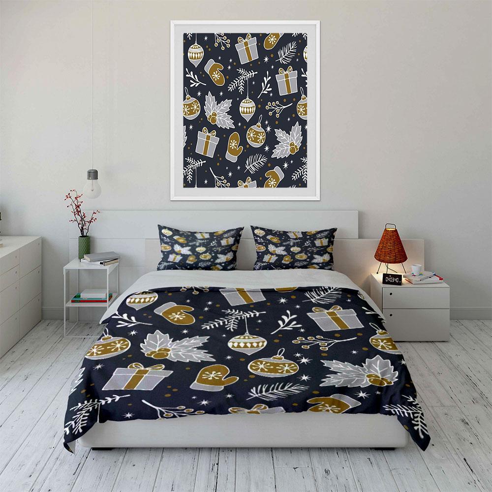 Christmas Gift and Ornament Pattern Bedding Duvet Cover Set Duvet Cover Pillowcases (1*Duvet Cover 2*Pillowcases, without duvet insert)