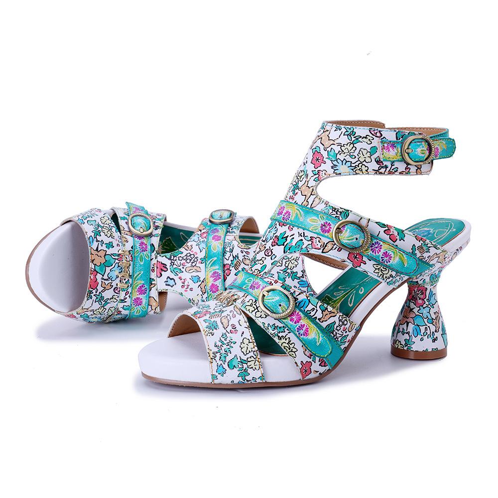 Johnature Sandály s otevřenou špičkou z pravé kůže s potiskem, ručně vyráběné, módní dámské boty na vysokém podpatku