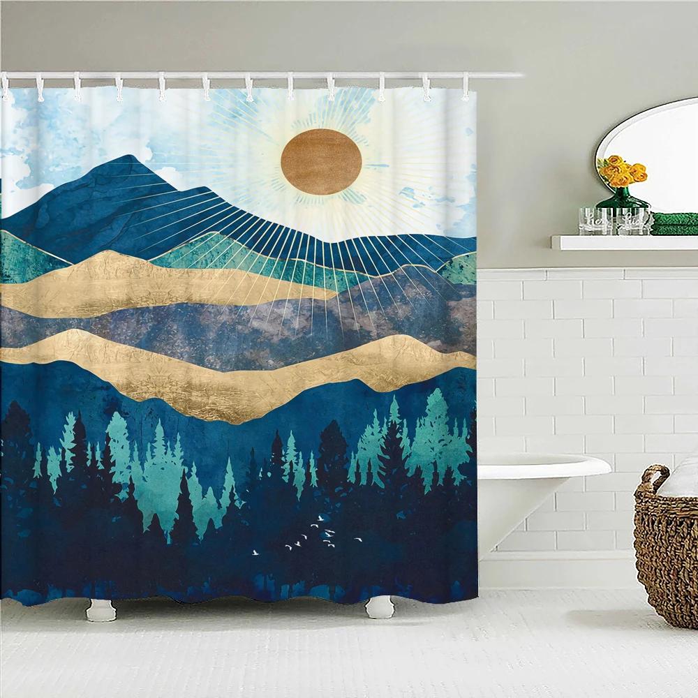 Japanese-style 3D Mount Fuji and Flower Print Shower Curtain With Hook Natural Landscape Home Decoration Bathroom Curtains