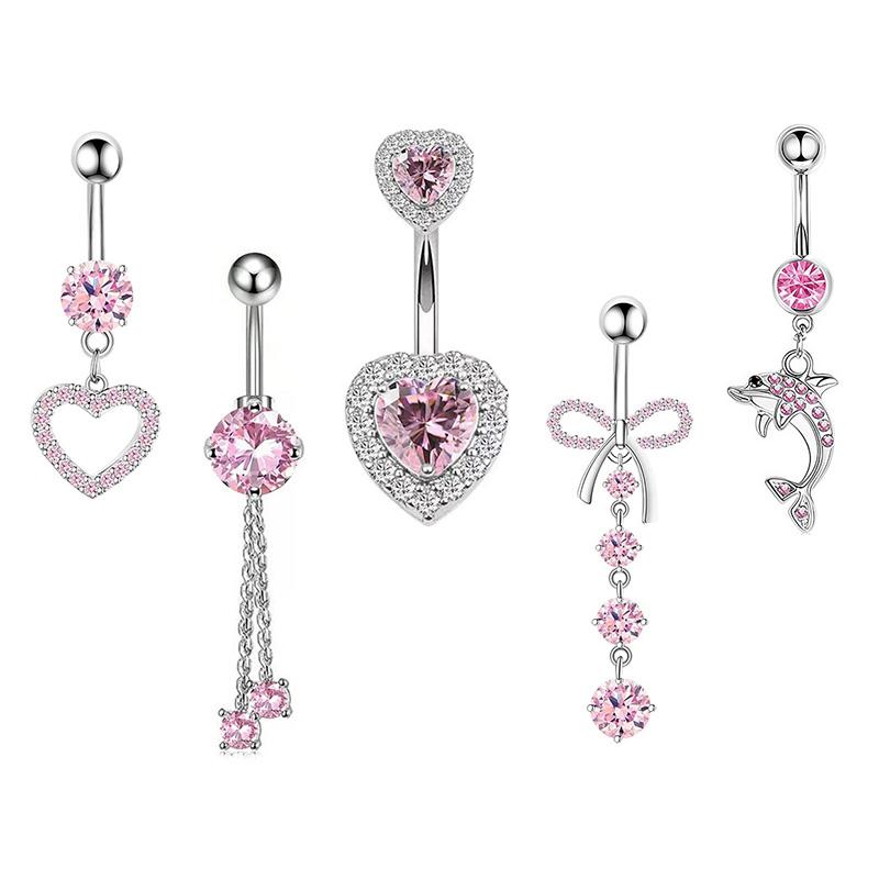 1PCS Pink Crown Belly Button Rings Jewelry Stainless Steel Heart Navel Piercing Barbell Crystal Cute Belly Rings For Women Girls