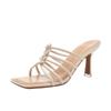 Vintage woven strappy high-heeled slippers women's thin-heeled square-toed sandals outer wear summer new