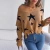 Knit Pullover Sweater Women Long Sleeve V Neck Casual Autumn Winter Star Cut