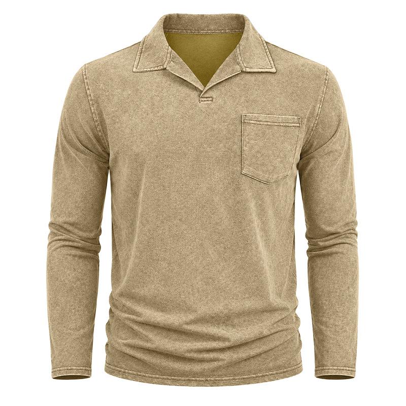Vintage Washed Cotton Long Sleeve Polo Shirts Men Casual Solid Color Turn-Down Collar Tops Autumn Winter Streetwear Loose Pullover Polos