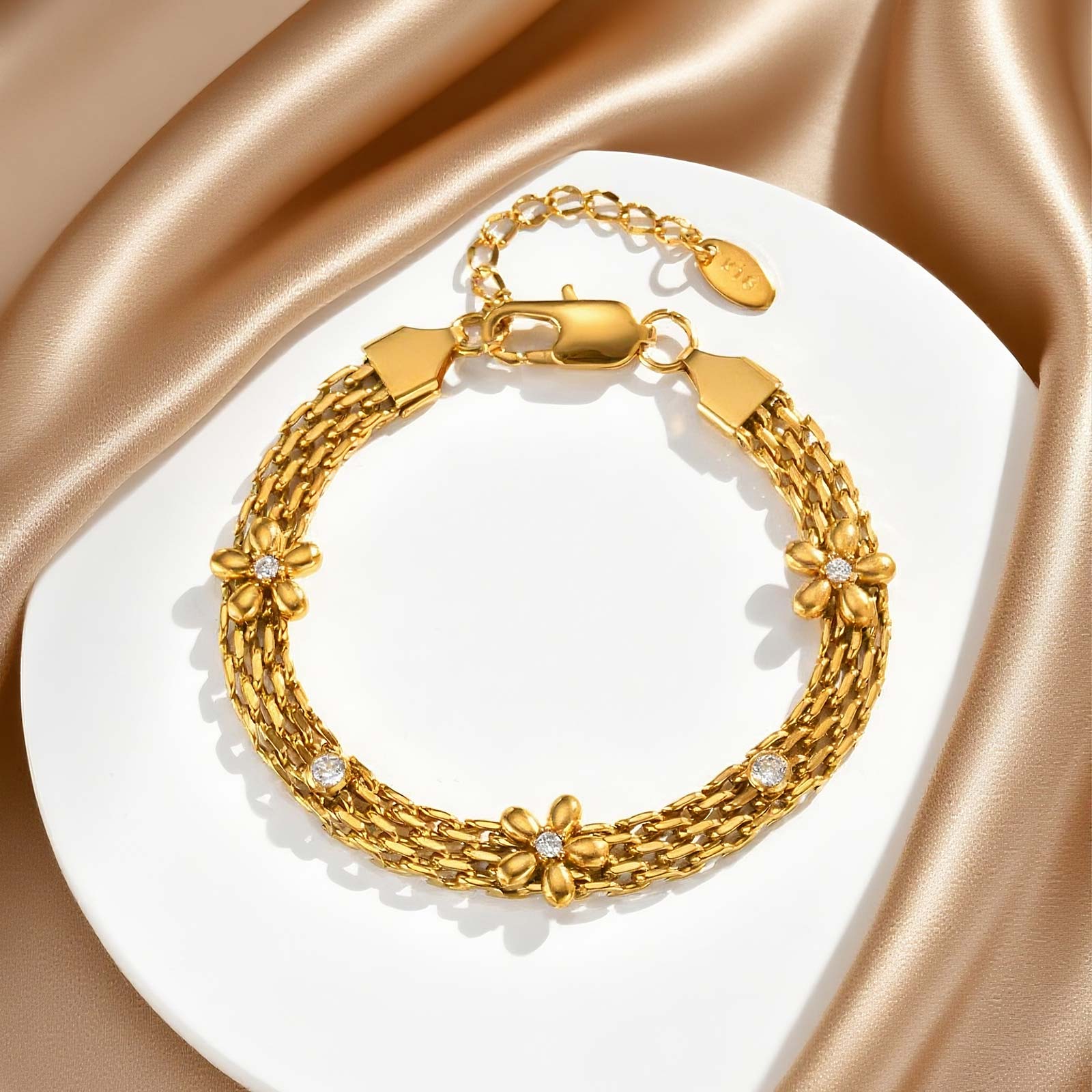 

Dainty Mesh Strap with Flowers White Zircon Bracelet, Gold Color Waterproof Bracelets for Women,Charm Party Jewelry Gifts