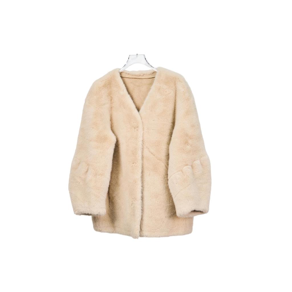 Women's Faux Mink V-Neck Mid-Length Shearling Coat - Autumn/Winter Fashion